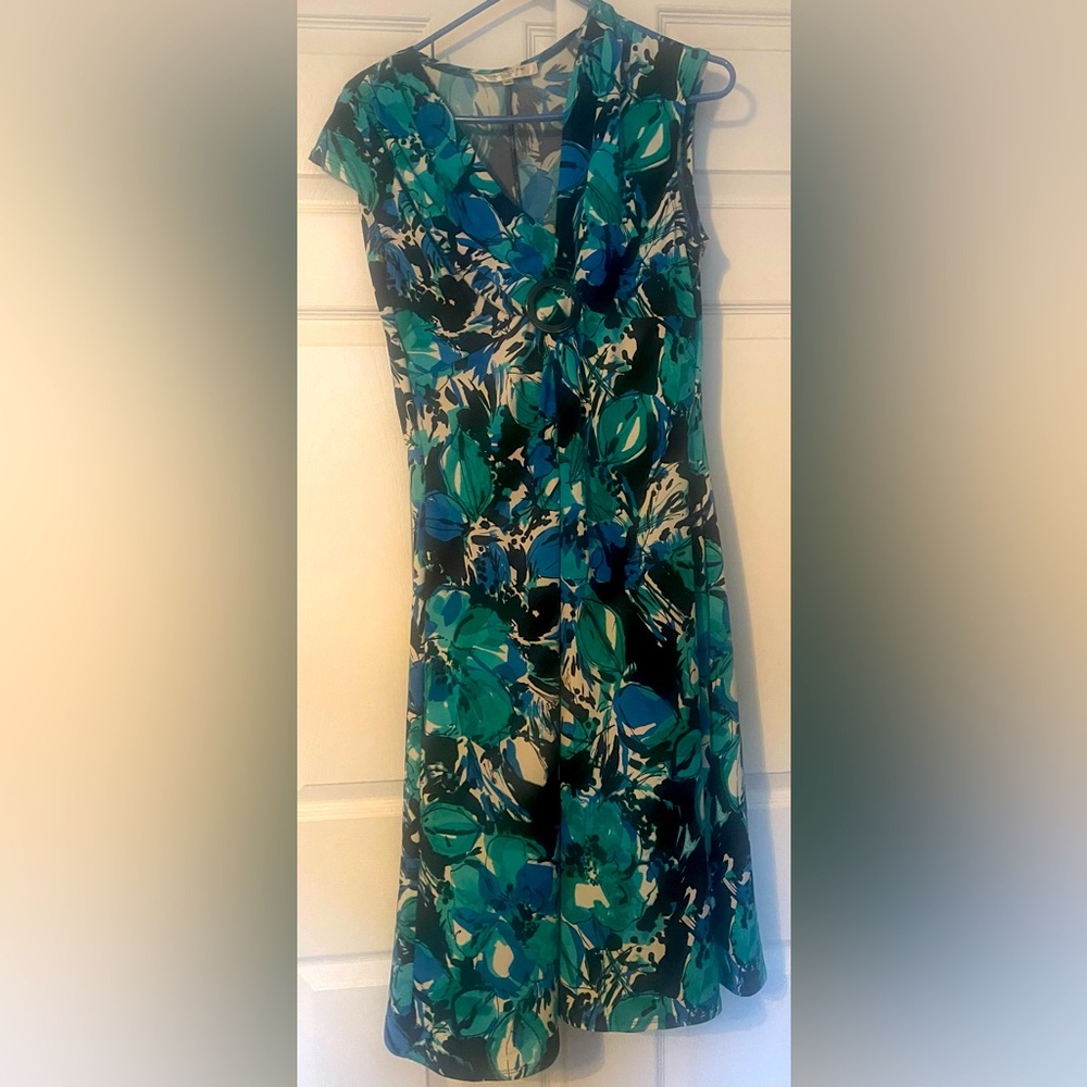 Evan Picone Teal and Black Floral Midi Dress V Neck Size 14 Petite Wedding